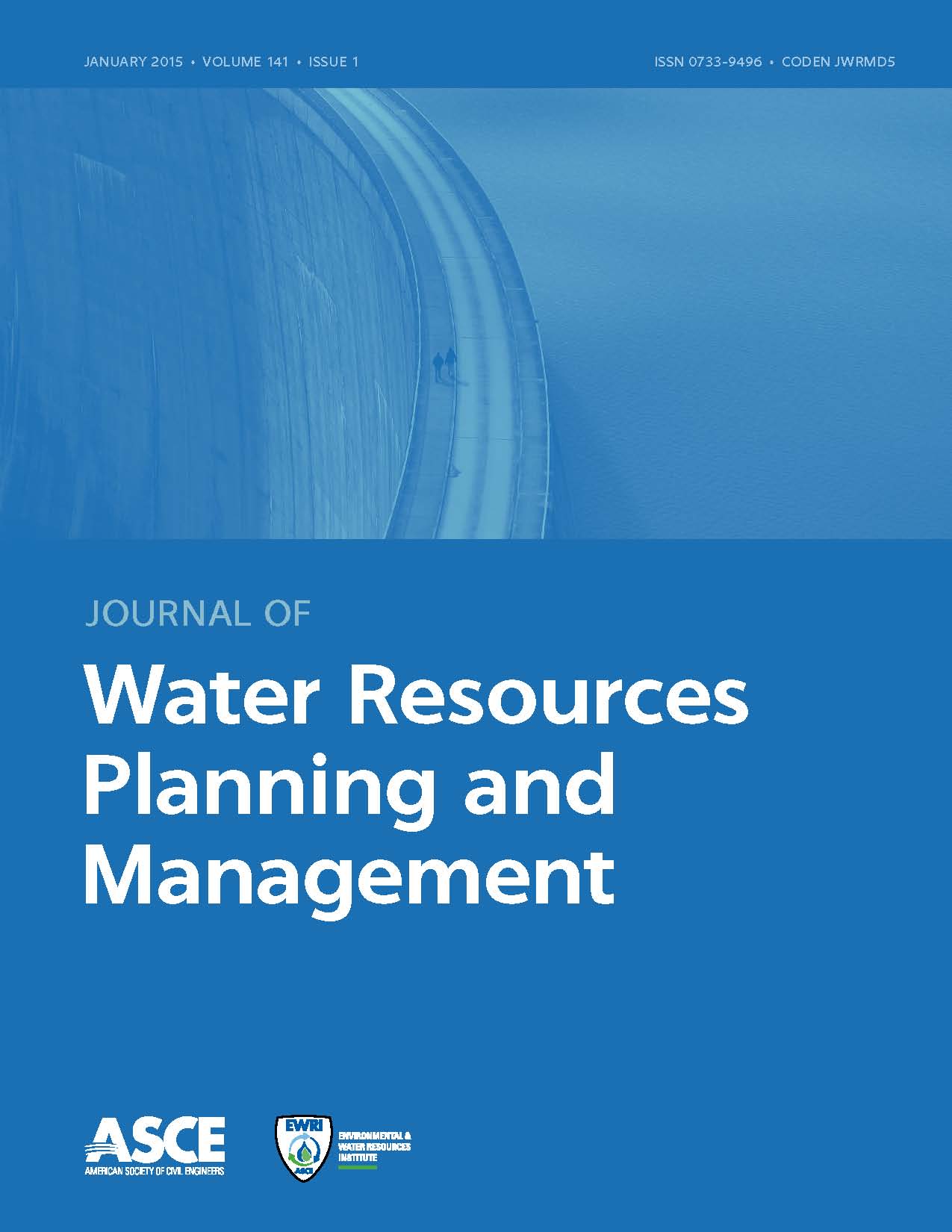 Journal of Water Resources Planning and Management cover with an image of a dam on a blue background. The journal title, ASCE logo, and Environmental and Water Resources Institute logo are displayed as well.